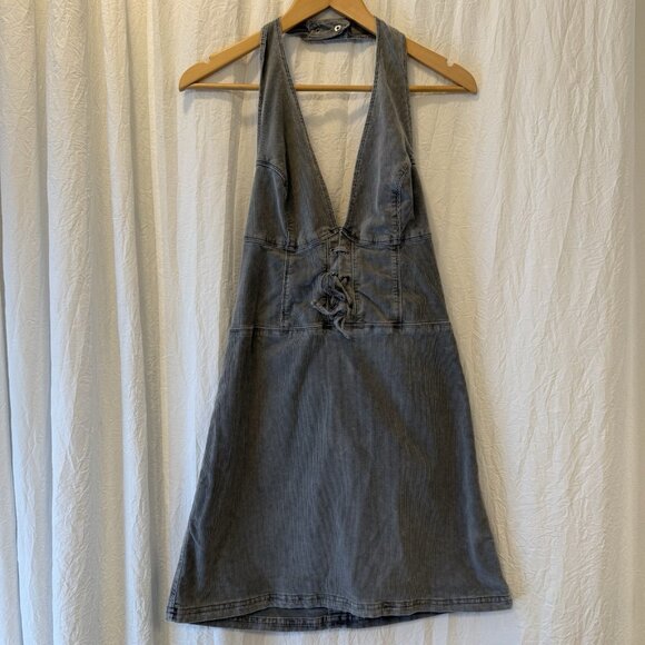 Urban Outfitters Alejandra Grey Corduroy Halter Open Back Mini Dress Size Large - Picture 1 of 7